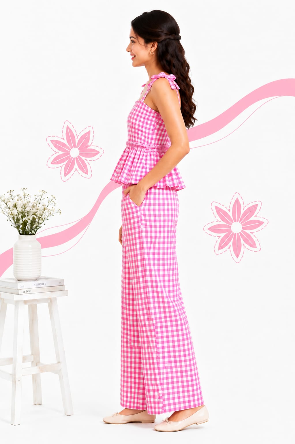 Pink Gingham Peplum Co-ord Set for Women - Image 2