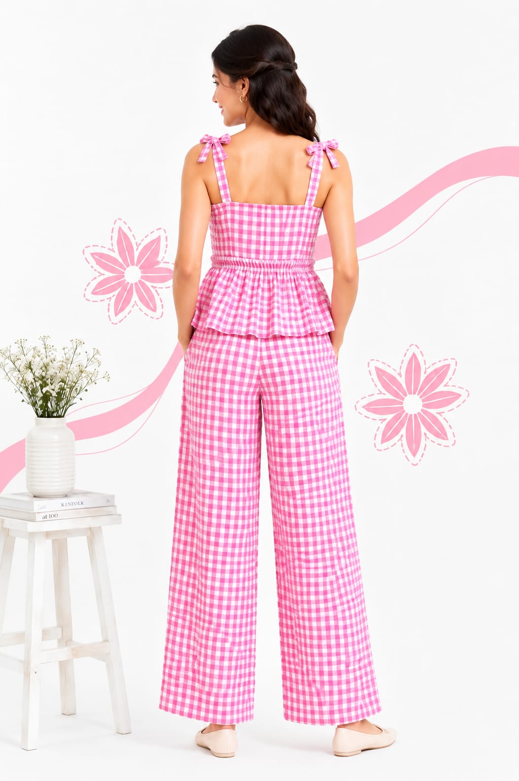 Pink Gingham Peplum Co-ord Set for Women - Image 3