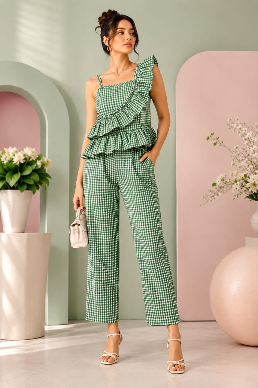 Green mini gingham ruffle co-ord set with sleeveless layered frill top and straight fit pants worn by female model against pastel background