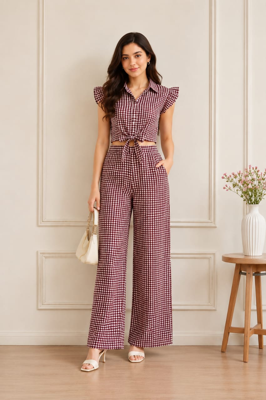 Brown mini gingham tie-up co-ord set with sleeveless ruffle sleeve crop top and wide leg pants worn by female model indoors