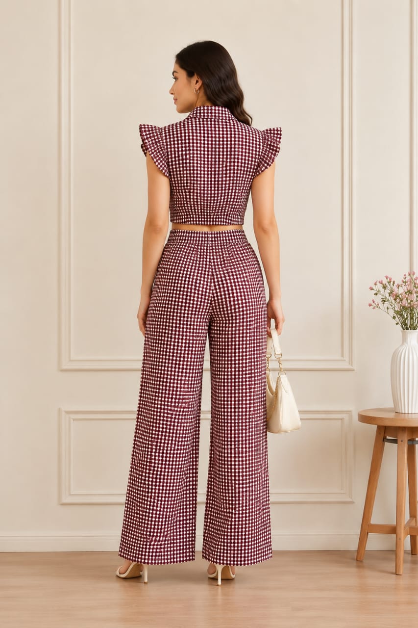 Brown Mini Gingham Tie-Up Co-ord Set for Women - Image 2