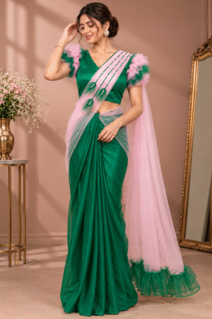 Elegant Handcrafted Emerald Green & Pink Ruffle Saree with Designer Blouse