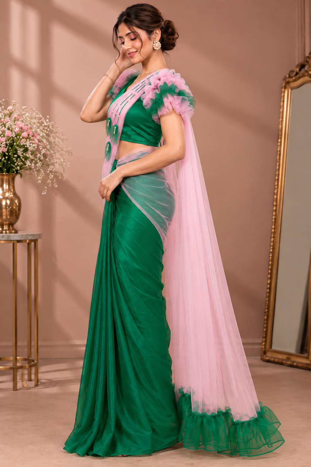 Elegant Handcrafted Emerald Green & Pink Ruffle Saree with Designer Blouse - Image 2