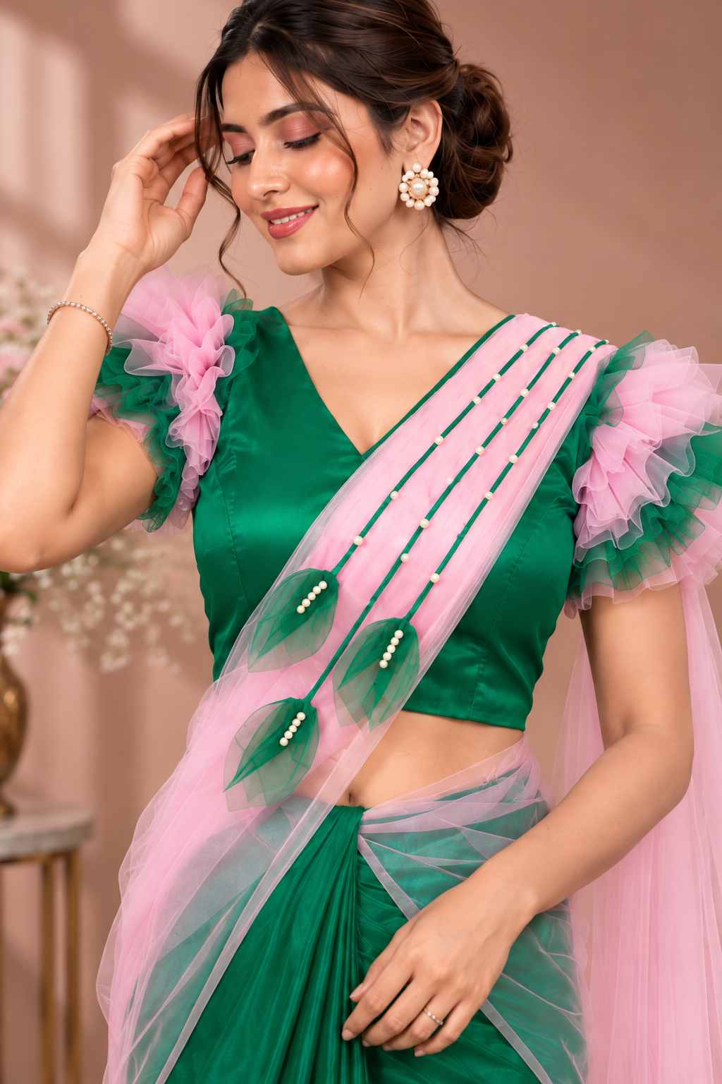 Elegant Handcrafted Emerald Green & Pink Ruffle Saree with Designer Blouse - Image 3