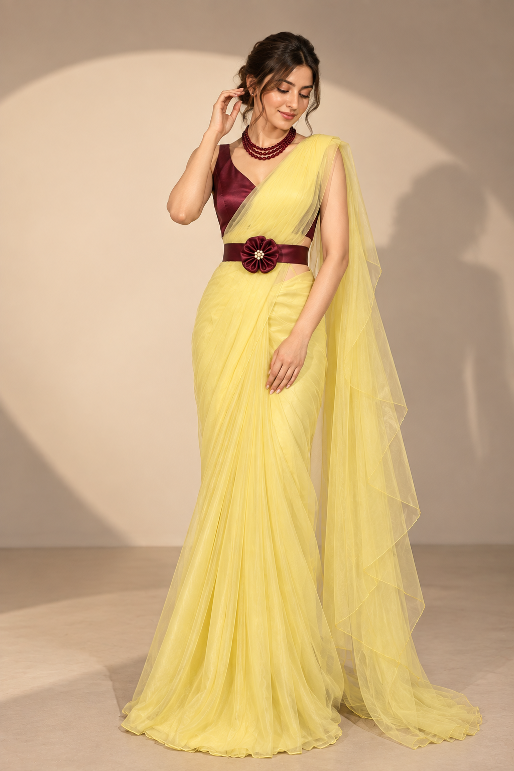 Yellow Ready-to-Wear Saree with Maroon Belt - Image 2
