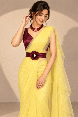 Yellow Ready-to-Wear Saree with Maroon Belt