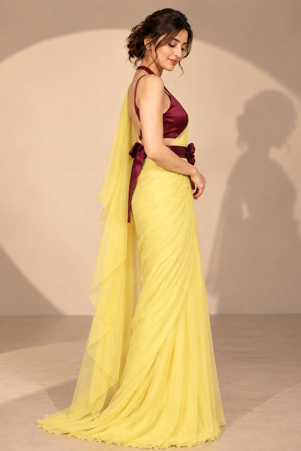 Yellow Ready-to-Wear Saree with Maroon Belt - Image 3